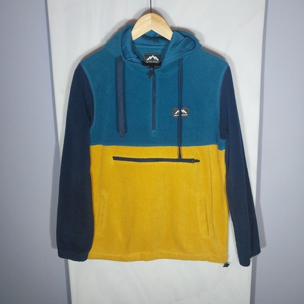 Hooded Fleece Pullover S Blue Yellow 1/4 Zip Colorblock Gorpcore Hiking Camping